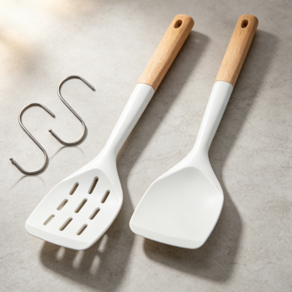 Wooden Handle Silicone Spatula Two-Piece Set for Household Non-stick Pans, Stir-frying, and Slotted Spare Rigs