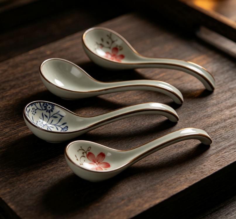 Floral Pattern Ceramic Curved Handle Ladle (4-Piece Set) - Image 2