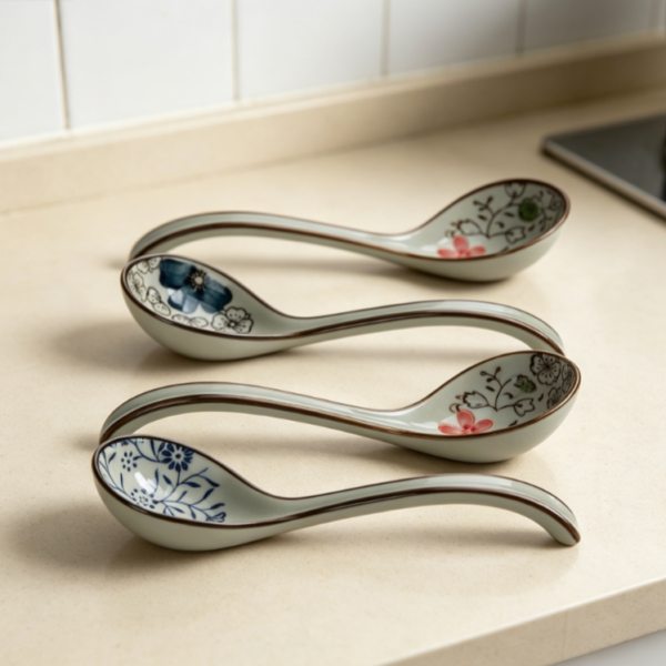 Floral Pattern Ceramic Curved Handle Ladle (4-Piece Set)