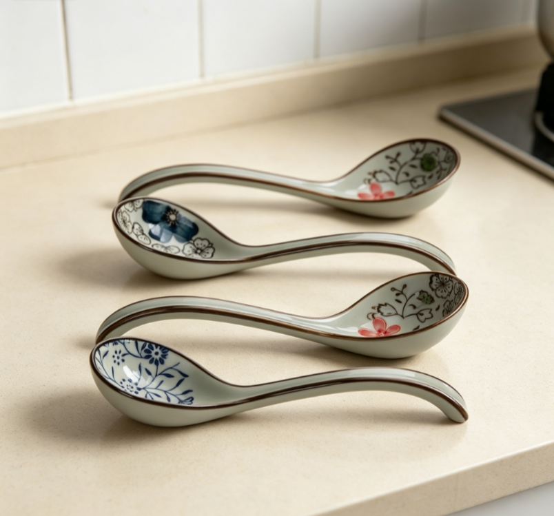 Floral Pattern Ceramic Curved Handle Ladle (4-Piece Set)