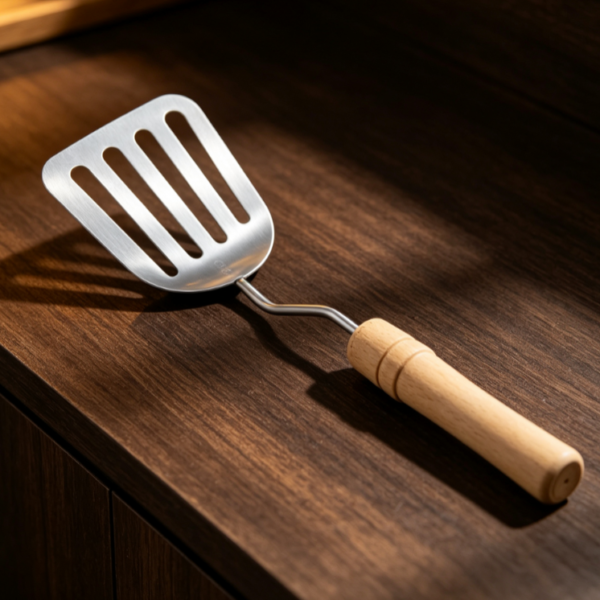 Wooden Handle Stainless Steel Slotted Spare Tub