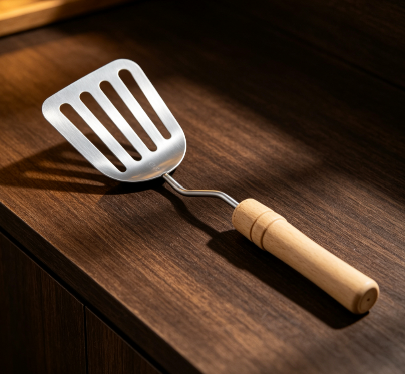 Wooden Handle Stainless Steel Slotted Spare Tub