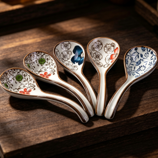 Colorful Floral Ceramic Soup Spoon Set of 5