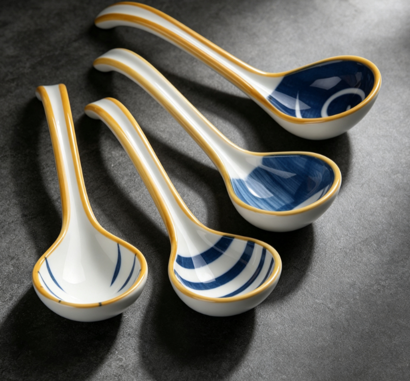 Blue-Patterned Ceramic Soup Ladle Set (4 Pieces) - Image 2