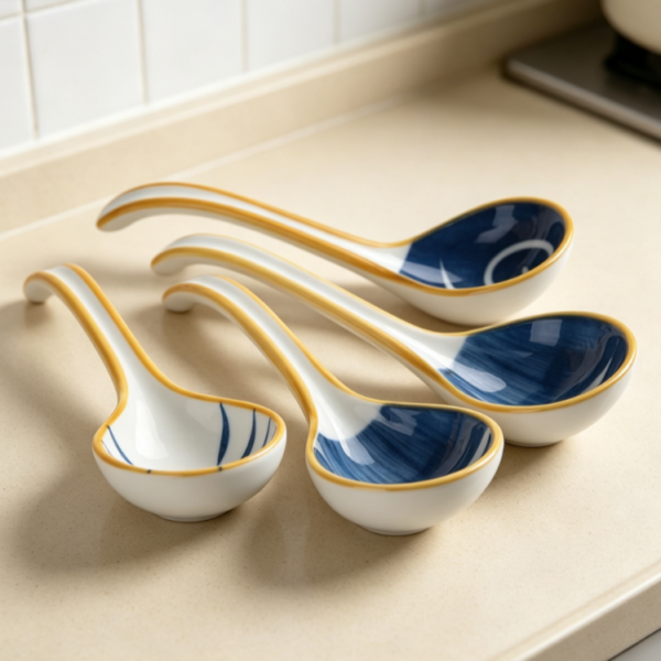 Blue-Patterned Ceramic Soup Ladle Set (4 Pieces)