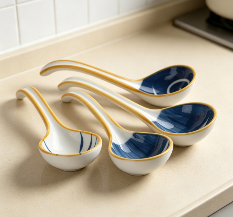 Blue-Patterned Ceramic Soup Ladle Set (4 Pieces)