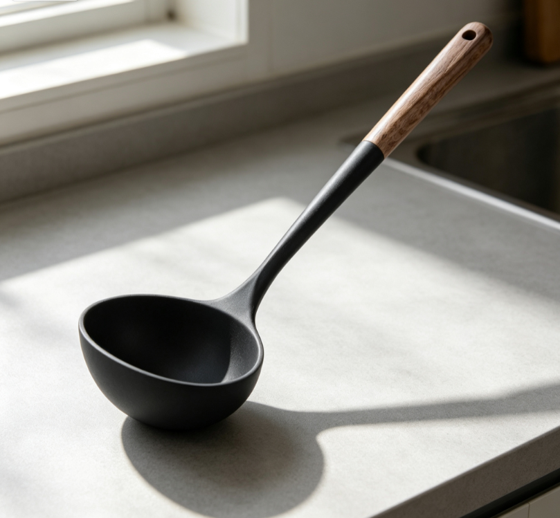 Black Silicone Soup Ladle with Wooden Handle - Image 2