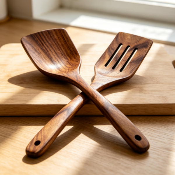 Natural Solid Wood Spatula Set (Two Pieces) - Unpainted and Wax-Free Household Wooden Cooking Spatula Set