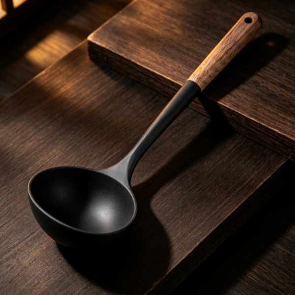 Black Silicone Soup Ladle with Wooden Handle