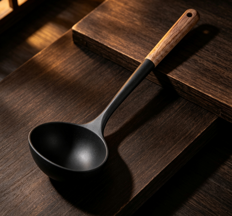 Black Silicone Soup Ladle with Wooden Handle
