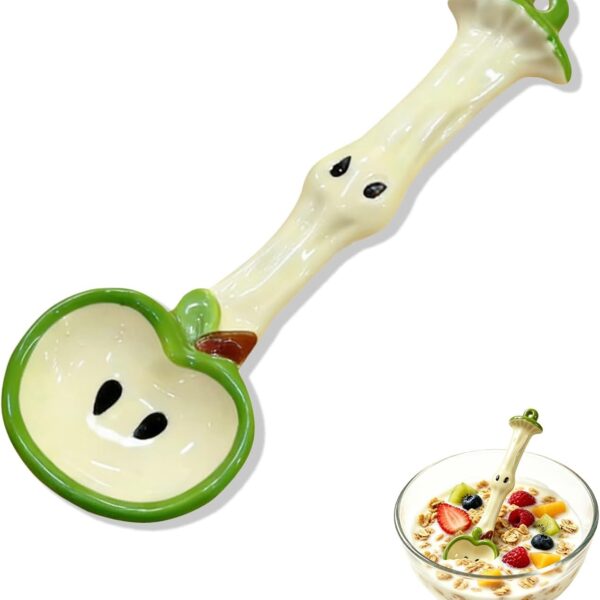 Apple-Shaped Ceramic Small Soup Spoon, Handmade Long-Handled Dessert Spoon